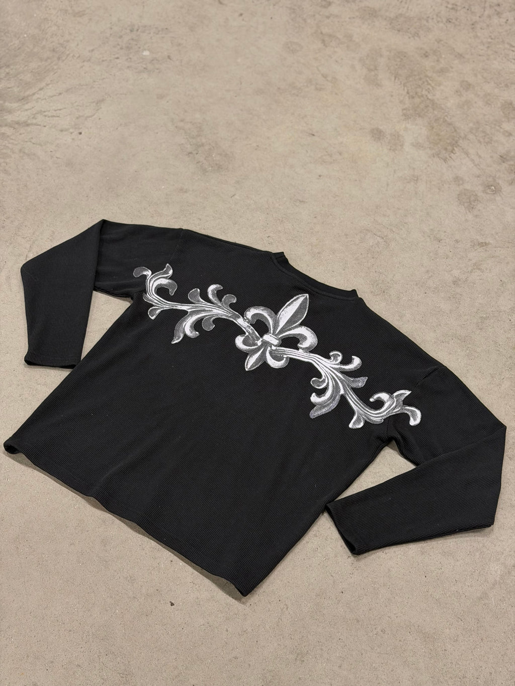 Fleur De Lis Waffle Crew Neck Long Sleeve Top